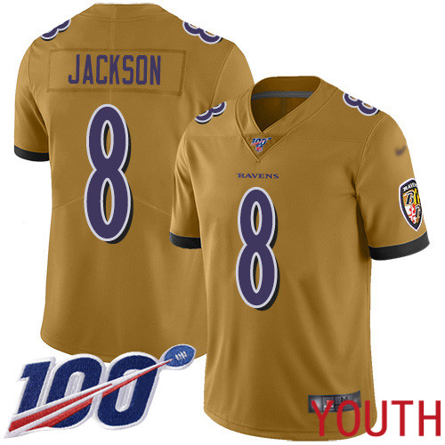 Baltimore Ravens Limited Gold Youth Lamar Jackson Jersey NFL Football #8 100th Season Inverted Legend->youth nfl jersey->Youth Jersey